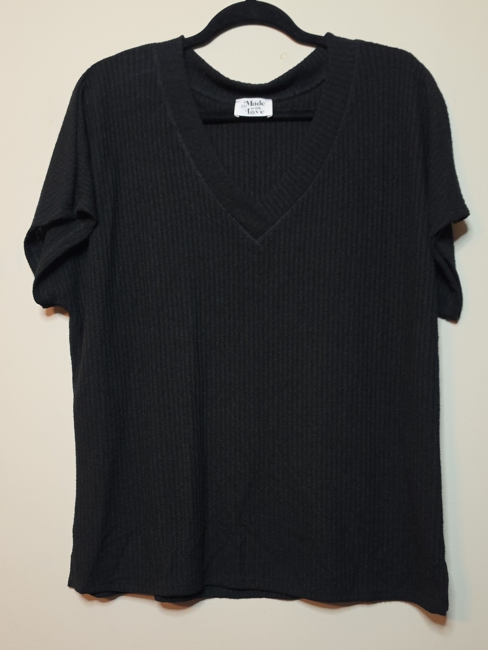 Made With Love Black V-Neck Short Sleeve Ribbed Sweater